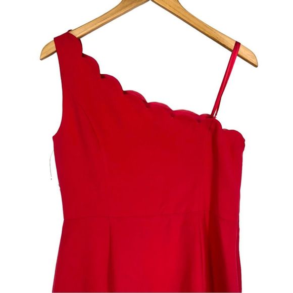 Maggy London Bright Coral Hot Pink Scallop Trim One Shoulder Sheath Dress size 8 - Picture 6 of 13